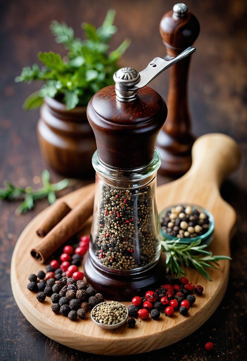 A visually stunning arrangement of various peppercorns, a traditional pepper mill mid-grind, and a sprinkle of freshly ground pepper on a cutting board. Include herbs and spices around the scene to create a warm, inviting atmosphere. Soft, natural lighting enhances the textures and colors of the pepper and wood. rustic and elegant. vibrant colors.