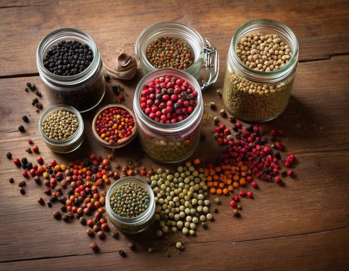 A vibrant assortment of colorful peppercorns scattered on a rustic wooden background, surrounded by various gourmet spices in glass jars, highlighting their textures and hues. A chef's hand is gently selecting a peppercorn, emphasizing the tactile experience of flavor exploration. Include herbs and a mortar and pestle for a culinary touch. super-realistic. vibrant colors. natural light.