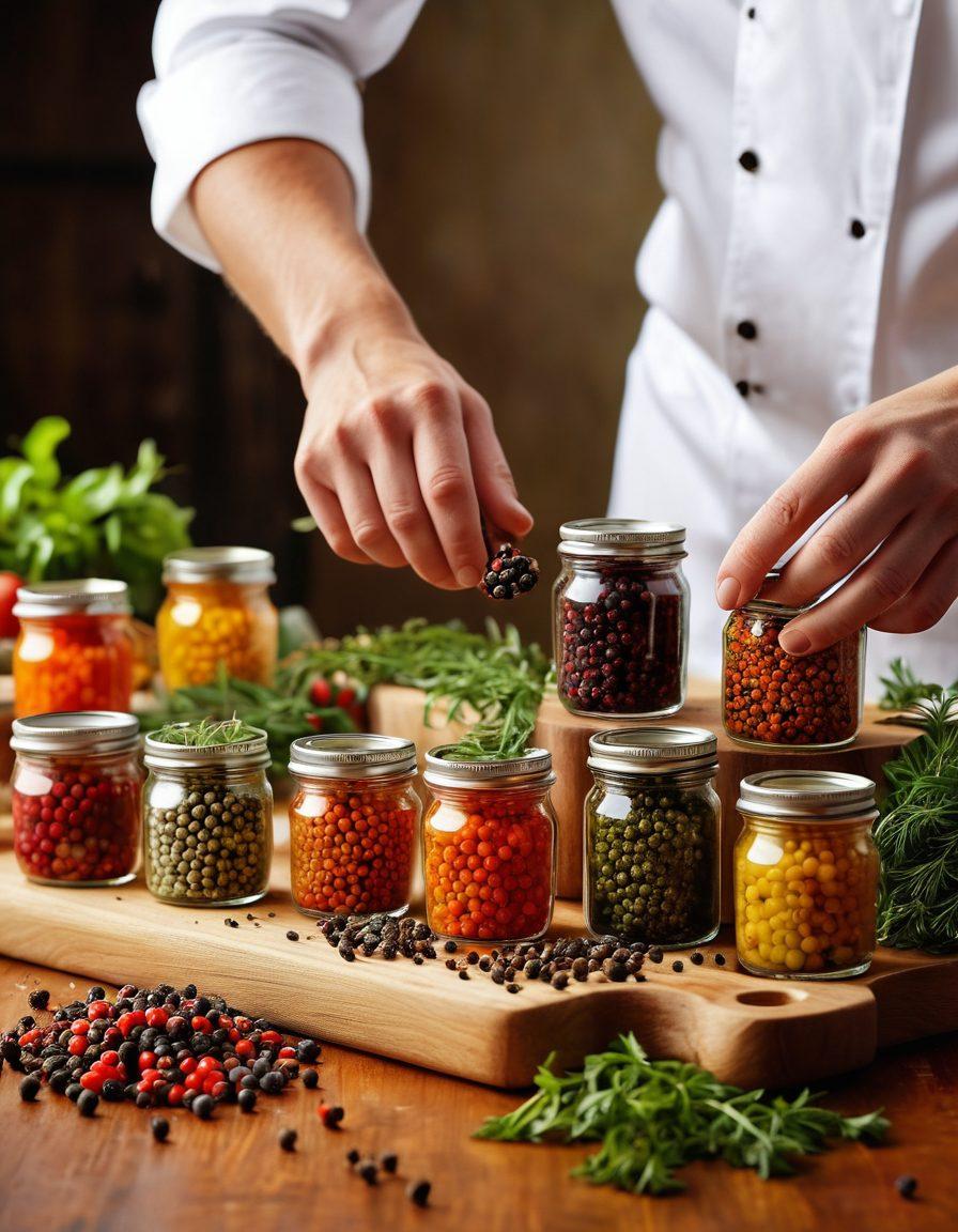 A vibrant kitchen scene showcasing various types of peppercorns in colorful glass jars, with a chef experimenting with spices on a wooden cutting board. The background includes fresh herbs and vegetables to convey a sense of culinary creativity. A soft glow illuminates the spices, emphasizing their textures and colors. super-realistic. vibrant colors. warm lighting.